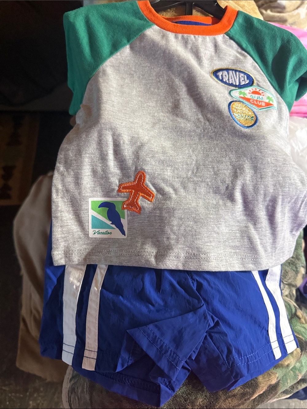 wonder nation Grey Tee with Green Sleeves, Orange Collar & Blue Shorts
